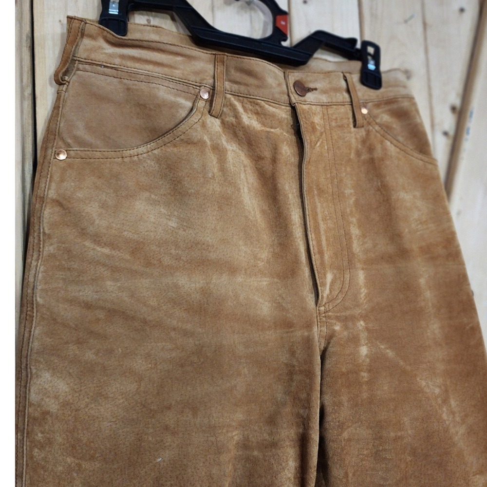 Wrangler Vintage Suede Leather Western Pants Tan Brown High Rise Bareback sz 11